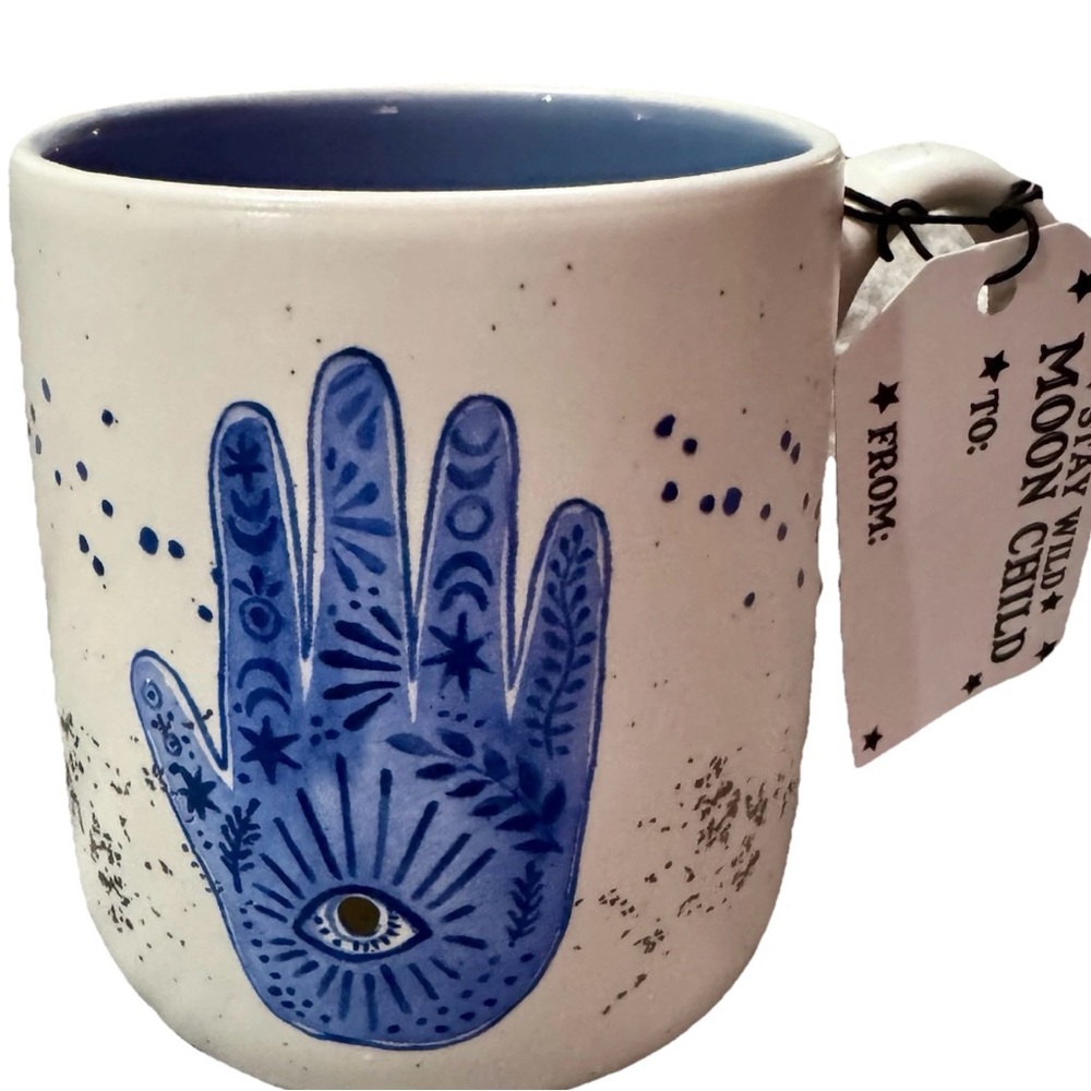 DUAL SIDED CELESTIAL COFFEE MUG W/HAMSA,  EVIL EYE. STAY WILD MOON CHILD   NEW